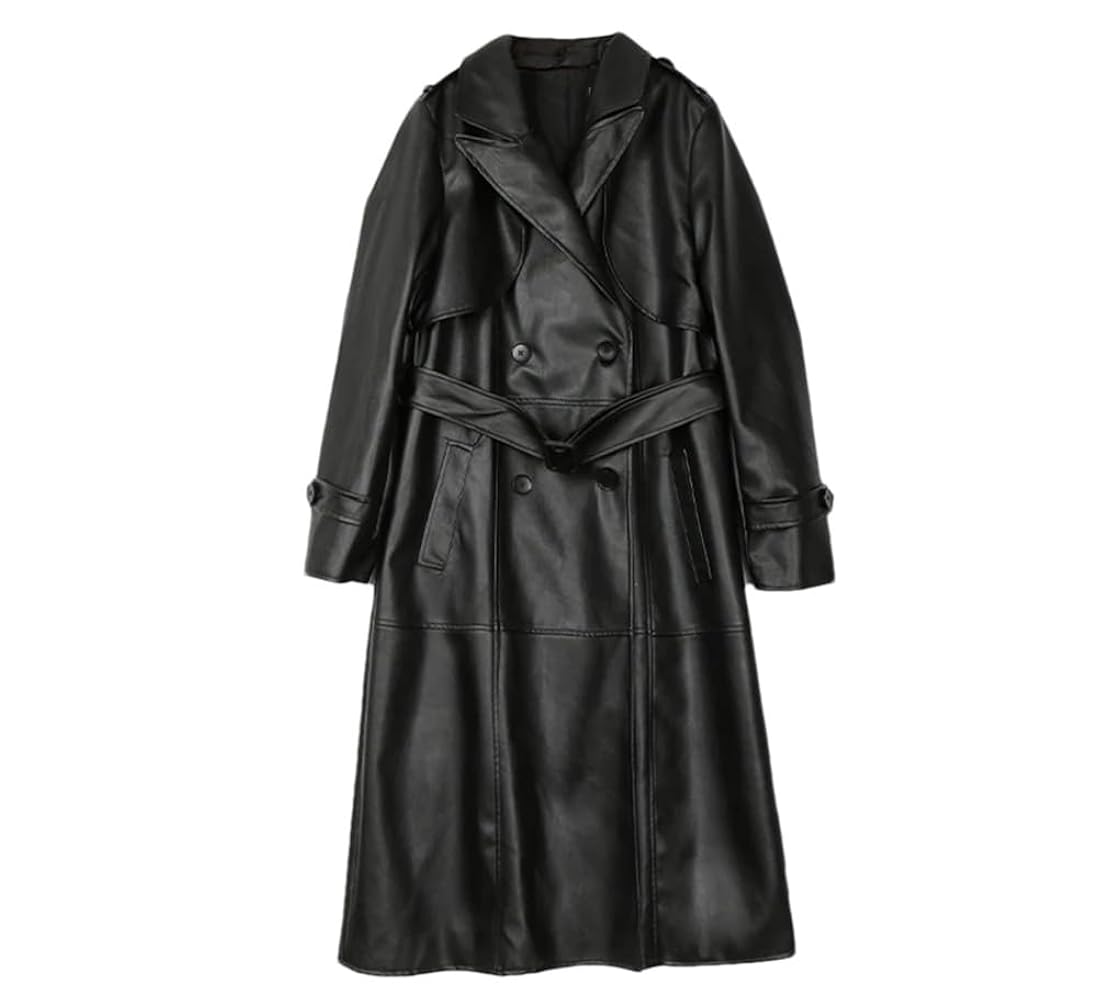 PU Leather Extra Long Trench Coat For Women Long Sleeve